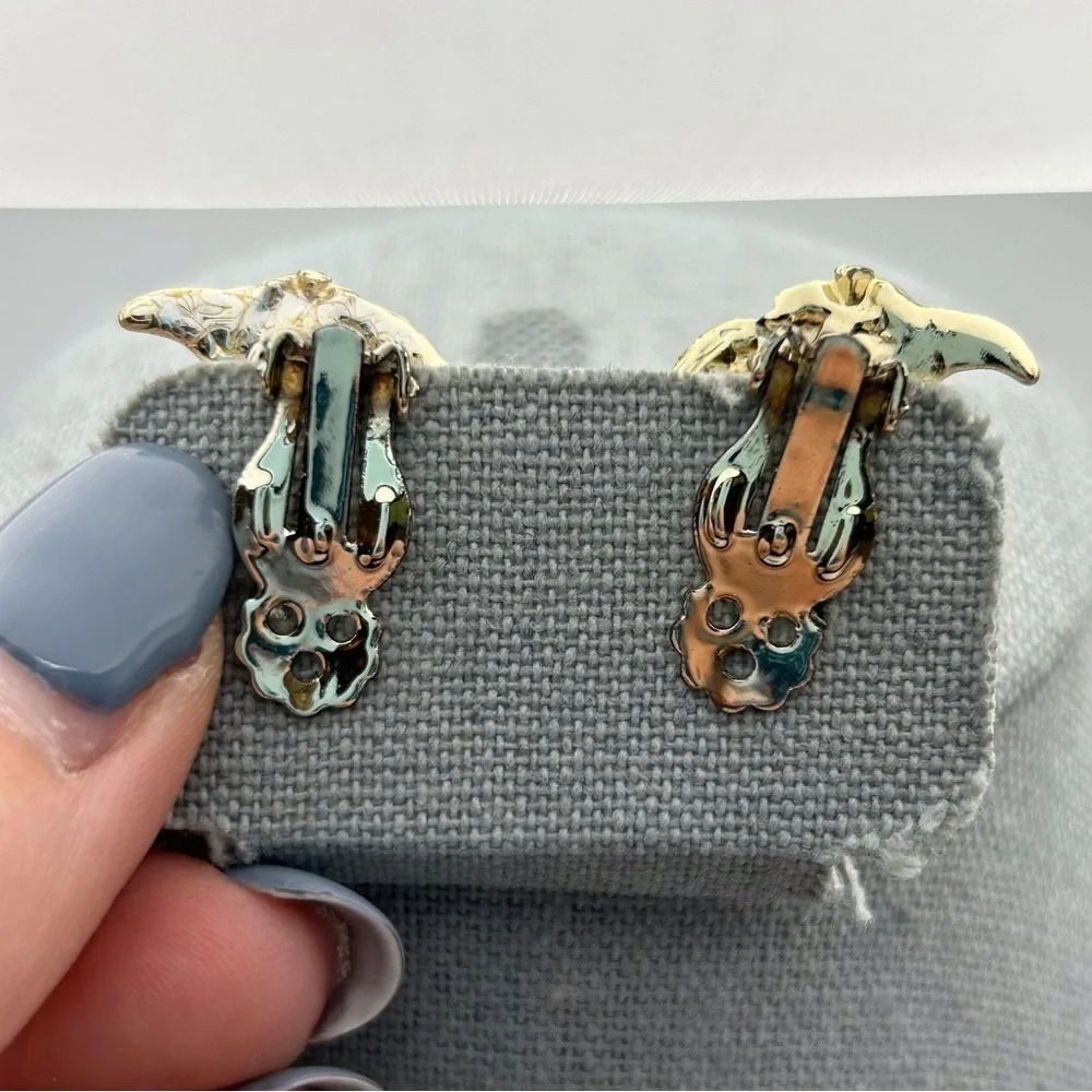 Vintage Silver Tone Abstract Textured Bird Clip On Earrings with Red Rhinestones